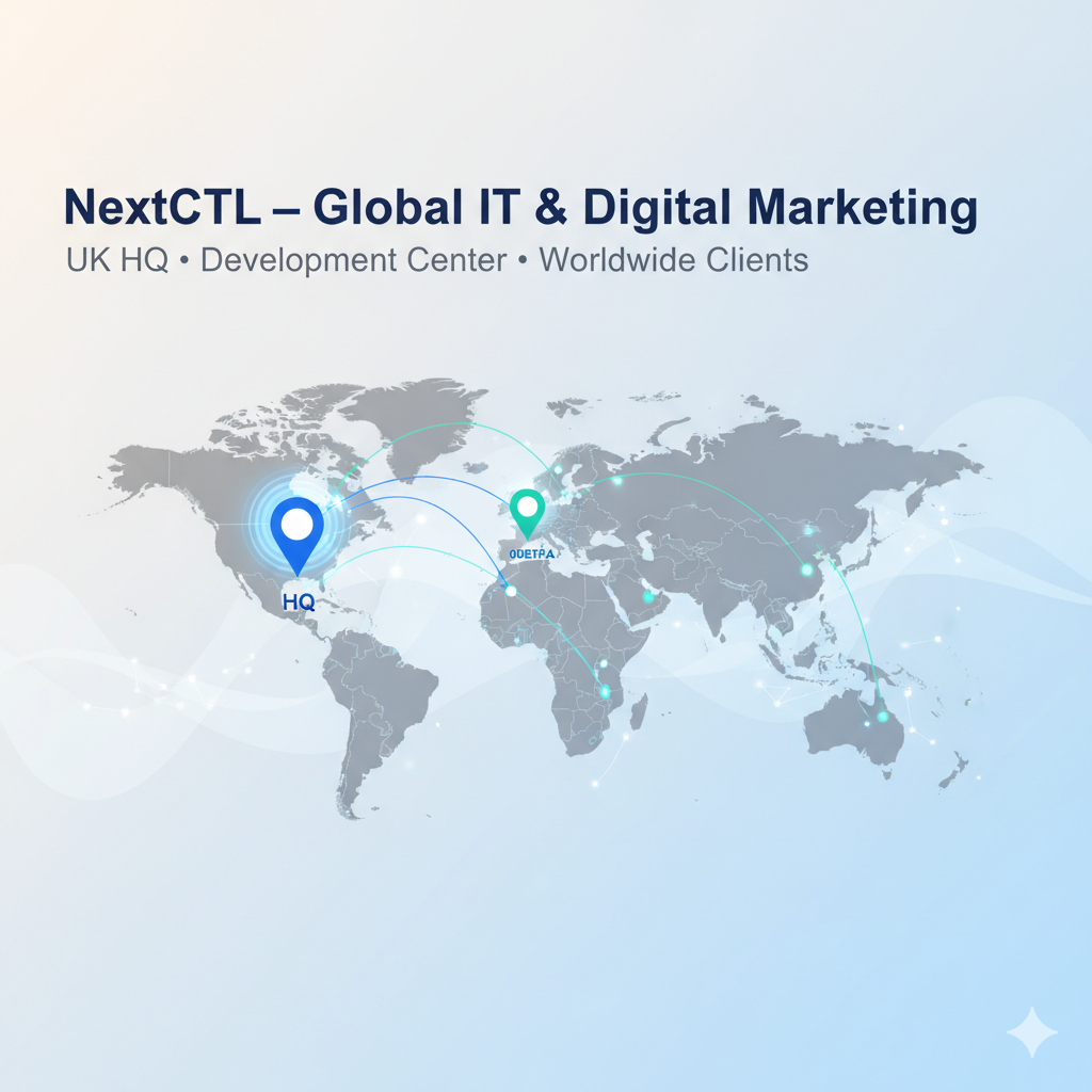 Global map showing NextCTL presence in UK and development center with worldwide client reach